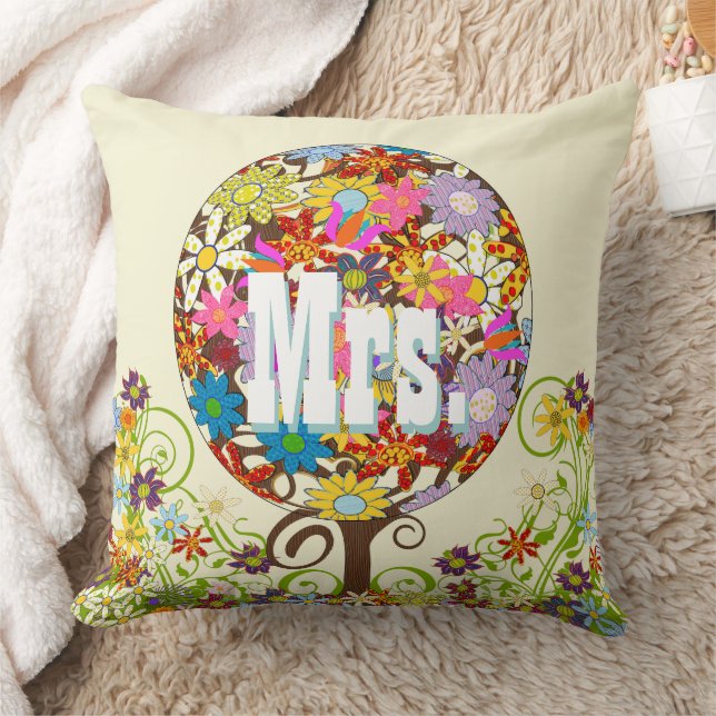 Coussin Mariées personnalisées Corail et Aqua Flower Tree (Couverture)