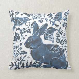 Coussin Marine Bleu Blanc Lapin Oiseau Feuille Art Déco A