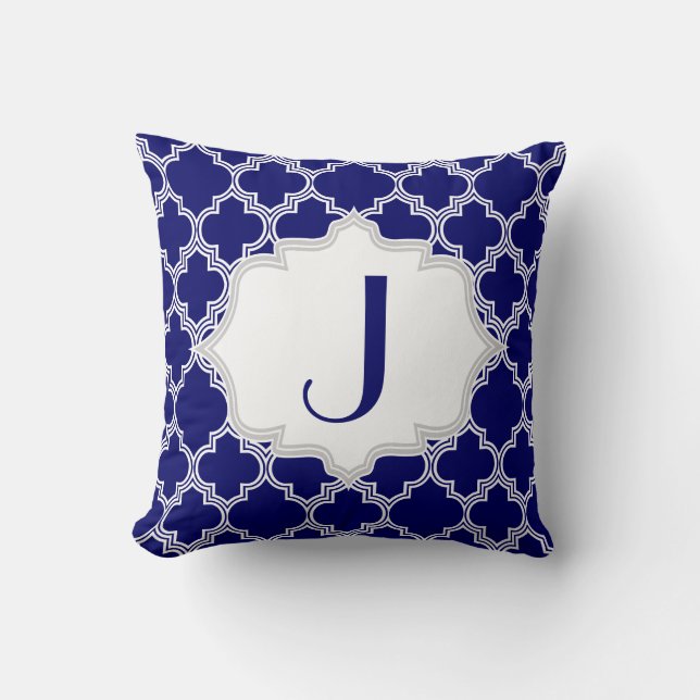 Coussin Marine bleu, blanc quatrefoil Marocain motif lance (Recto)