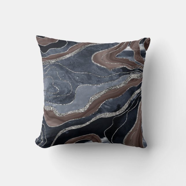 Coussin Marine Bleu Marbre Brown Agate Parties scintillant (Recto)