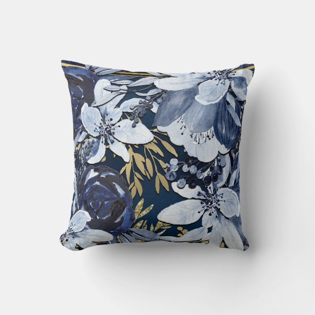 Coussin Marine Bleu & Or Elégant Aquarelle Moderne Floral (Recto)