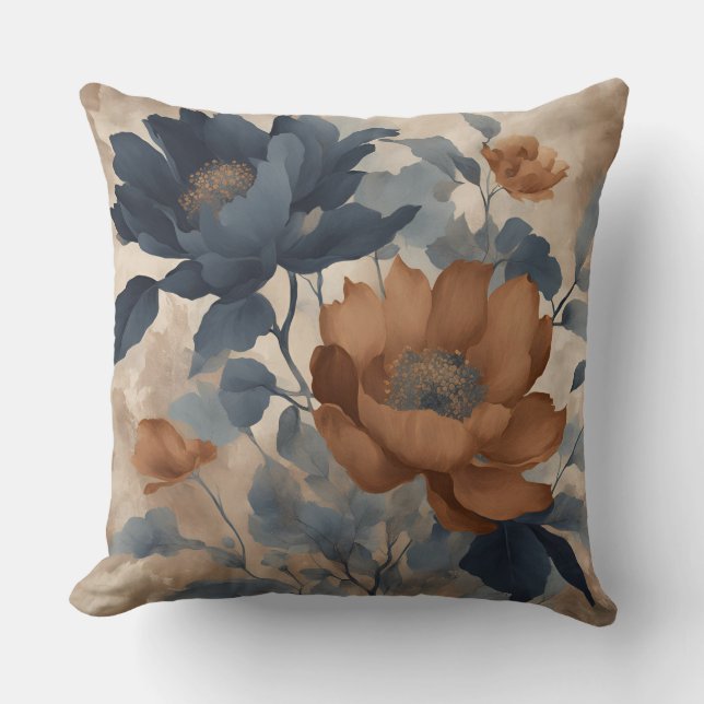 Coussin Marine Bleu Orange Rustique Agritourisme Floral (Recto)