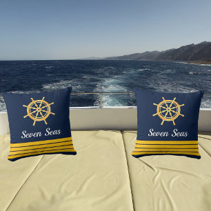 Coussin Marine bleu yacht bateau or à roue de direction ra