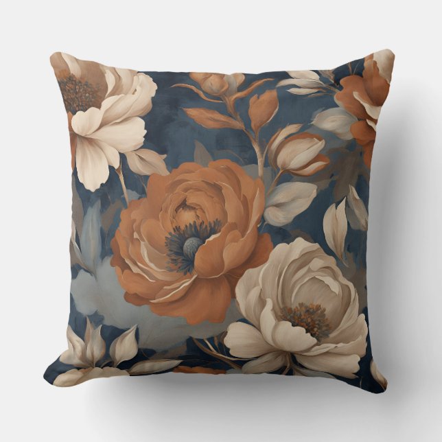 Coussin Marine Blue Rust Moderne Agritourisme Floral (Recto)