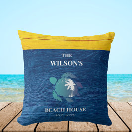 Coussin Marine Blue Rustic Wood Turtle Family Beach House