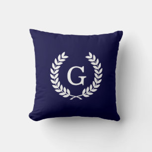 Coussin Marine Blue What Blé Laurel Wreath Initial Monogra