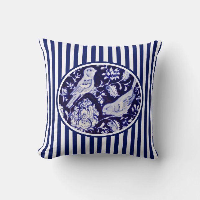 Coussin Marine Blue & White Chinoiserie Birds Floral Strip (Recto)