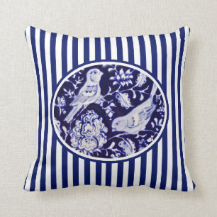 Coussin Marine Blue & White Chinoiserie Birds Floral Strip
