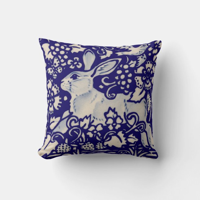 Coussin Marine Blue White Rabbit Lièvre Oiseau Chinoiserie (Recto)