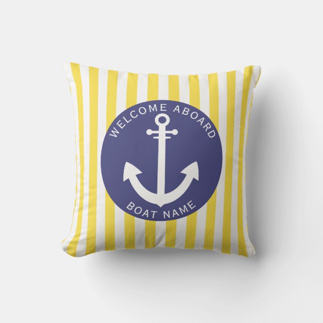 Coussin Marine Blue Yellow Stripe Nom du bateau Ancre Naut (Recto)