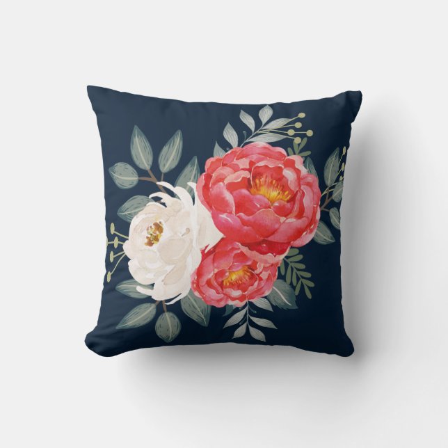 Coussin Marine botanique, rouge et ivoire floraux (Recto)