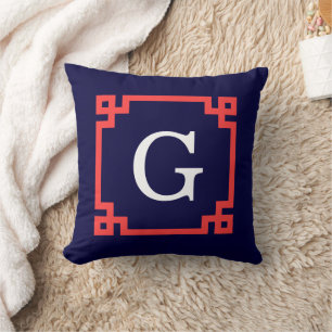 Coussin Marine, cadre monogramme initial grec clé de corai