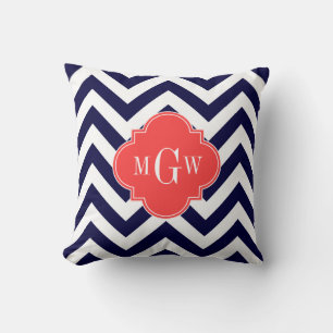 Coussin Marine Lg Chevron Corail Rouge Quatrefoil 3 Monogr