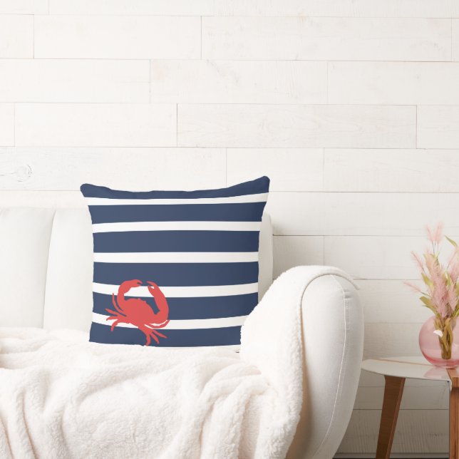 Coussin Marine Nautique Bleu Stripes Crabe Rouge Nom du ba (Canapé)
