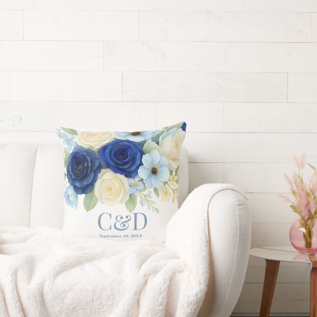 Coussin Marine Royal Bue Mariage Aquarelle couleur ivoire  (Canapé)