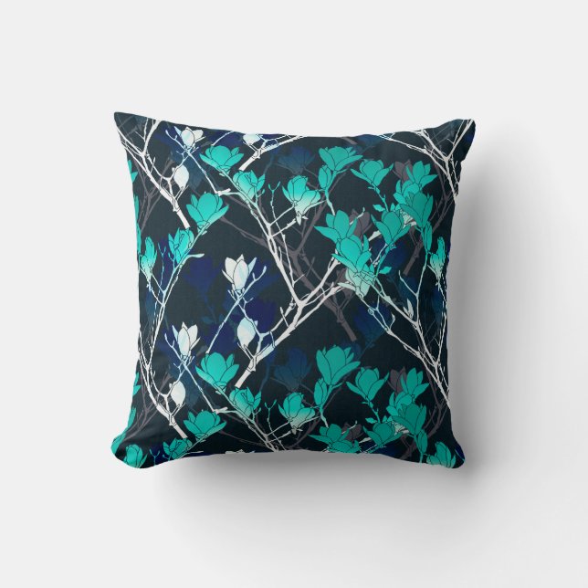 Coussin Marine Turquoise & Blanc Moderne Motif Floral (Recto)