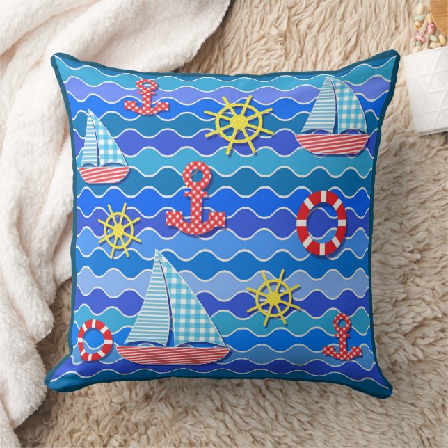 Coussin Marine Vague Rouge Bleu Ancre Bateau Voilier Batea (Couverture)
