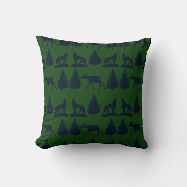 Coussin Marine verte rustique d'orignaux de pins sauvages (Recto)