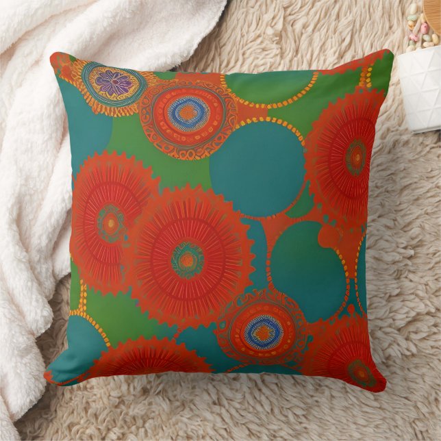 Coussin Marocain exotique rouge orange turquoise vert cerc (Couverture)