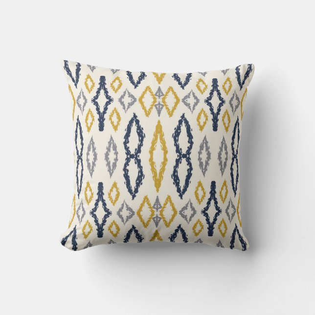 Coussin Marocain Ikat Bleu Jaune Blanc Motif (Recto)