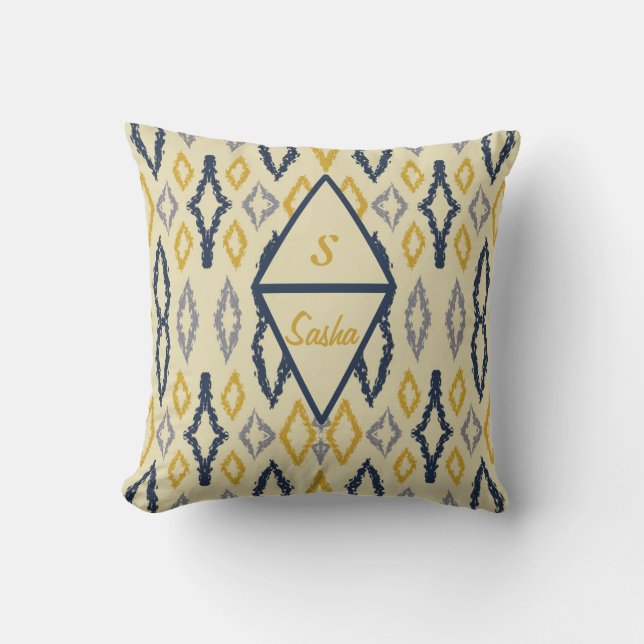 Coussin Marocain Ikat Bleu Jaune Personnalisé (Recto)