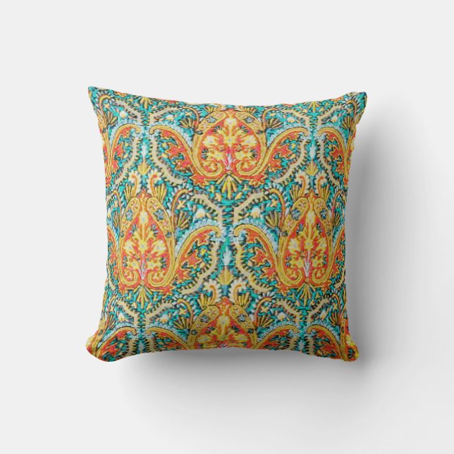 Coussin Marocain Paisley dans le bleu d'Aqua et l'orange (Recto)