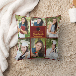 Coussin Maroon Gold Graduate Photo Collage Graduation