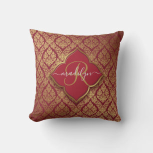 Coussin Maroon Rouge or fleur Damask Motif Monogramme