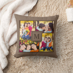 Coussin Marron Moderne Monogramme Collage Photo de Famille
