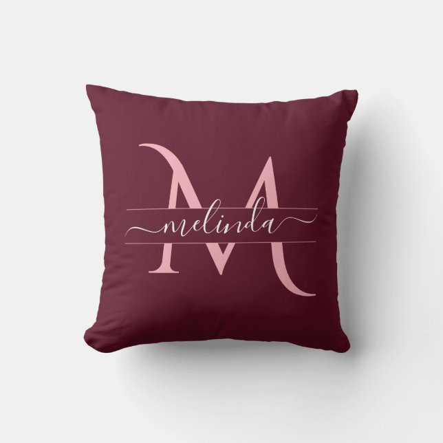 Coussin Marron Rose Monogramme Nom Script (Recto)