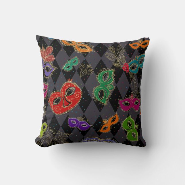 Coussin Mascarade Mardi Gras Mascarade Masque Arlequin Noi (Recto)