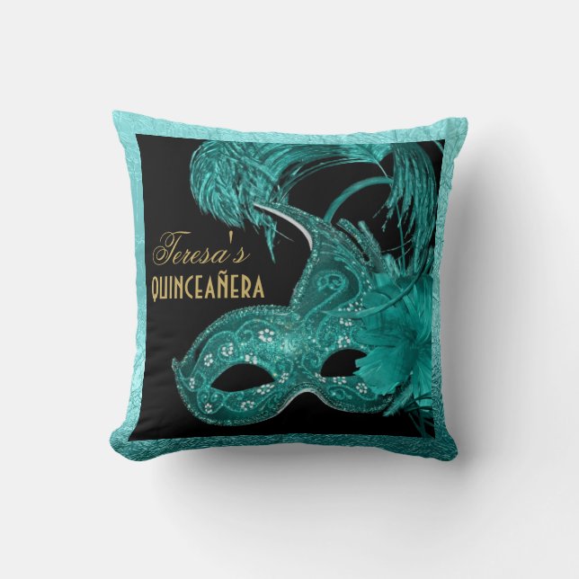 Coussin Mascarade quinceañera anniversaire masque turquois (Recto)