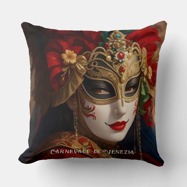 Coussin Masque de Carnaval de Venise rouge vert or (Recto)