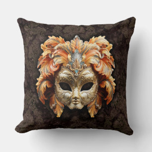 Coussin Masque Lion Doré avec plumes orange 
