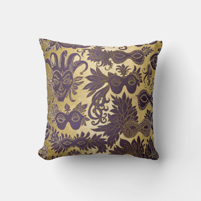 Coussin Masques Mardi Gras Gold et Purple (Recto)