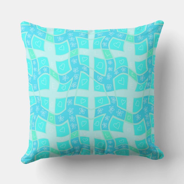 Coussin Maz Floral Love Hearts Check - Turquoise Blue 1 (Verso)