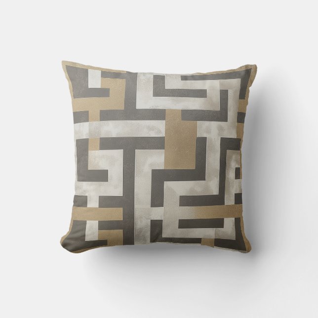 Coussin Maze géométrique or, blanc et charbon de bois (Recto)