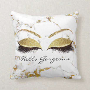 Coussin Mèches de maquillage de marbre d'or blanc bonjour