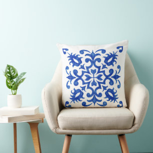 Coussin Médaillon central rond en carreau bleu portugais