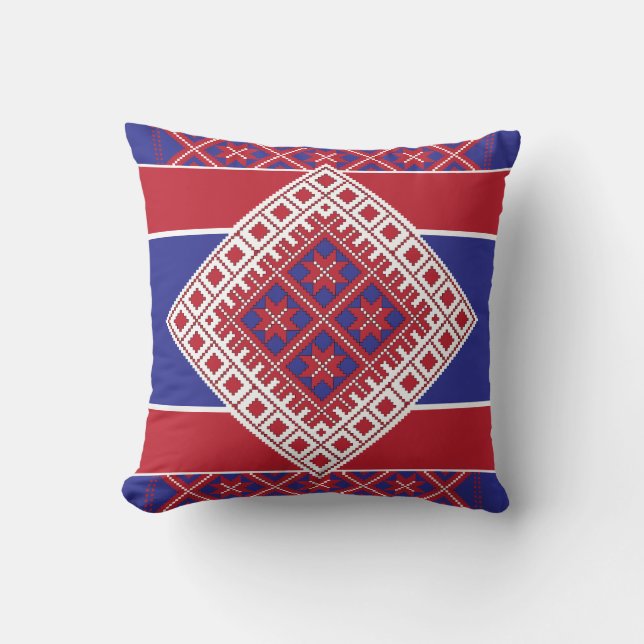 Coussin Médaillon d'art populaire letton rouge et bleu géo (Recto)