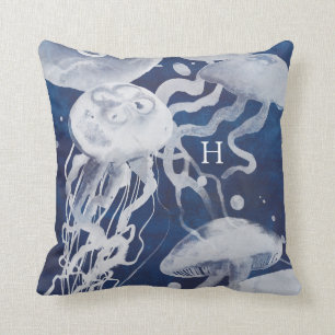 Coussin Méduses du monogramme sur l'arrière - plan de