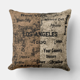 Coussin méga-villes rustiques chic brun du monde