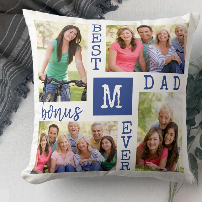 Coussin Meilleur Bonus Papa Ever 4 Photo Bleu Blanc Monogr (Créateur téléchargé)