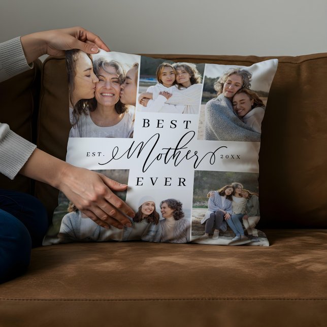 Coussin Meilleur Cadeau de Mère Script Collage de Photos S (Best Mother Ever Script Photo Collage Keepsake Throw Pillow)