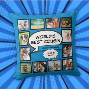 Coussin Meilleur Cousin du Monde 12 Collage Photo Bleu Amu