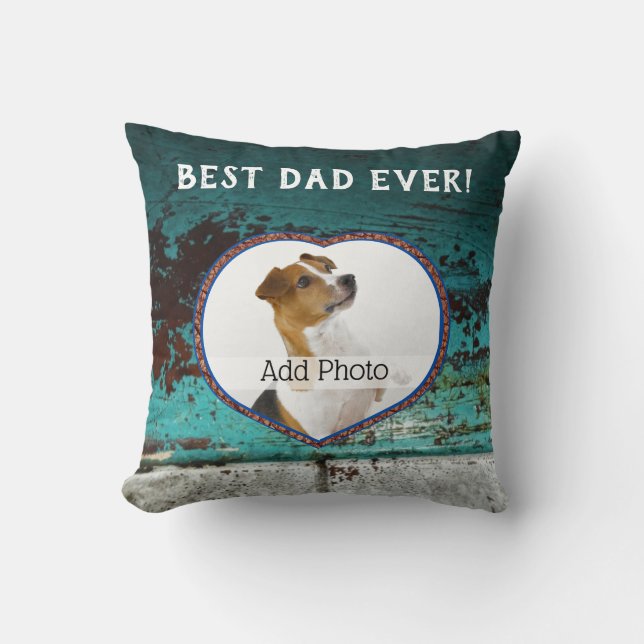 Coussin Meilleur papa Jamais photo coeur Turquoise Aqua Ru (Recto)