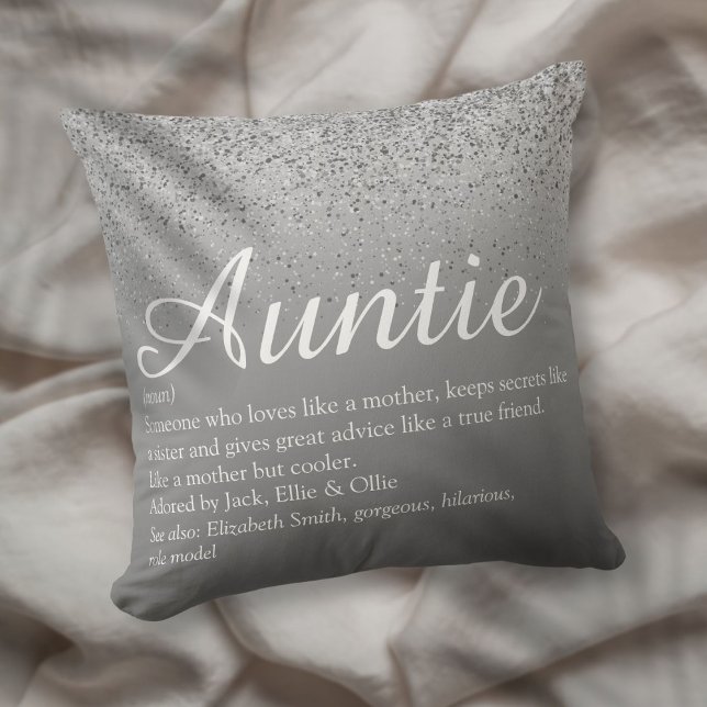 Coussin Meilleure définition de la jeune fille de la fille (Best Ever Aunt Auntie Definition Silver Glitter Throw Pillow)