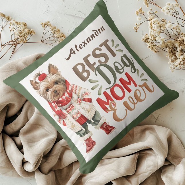 Coussin Meilleure maman chien Ever aquarelle Yorkie Green  (Créateur téléchargé)