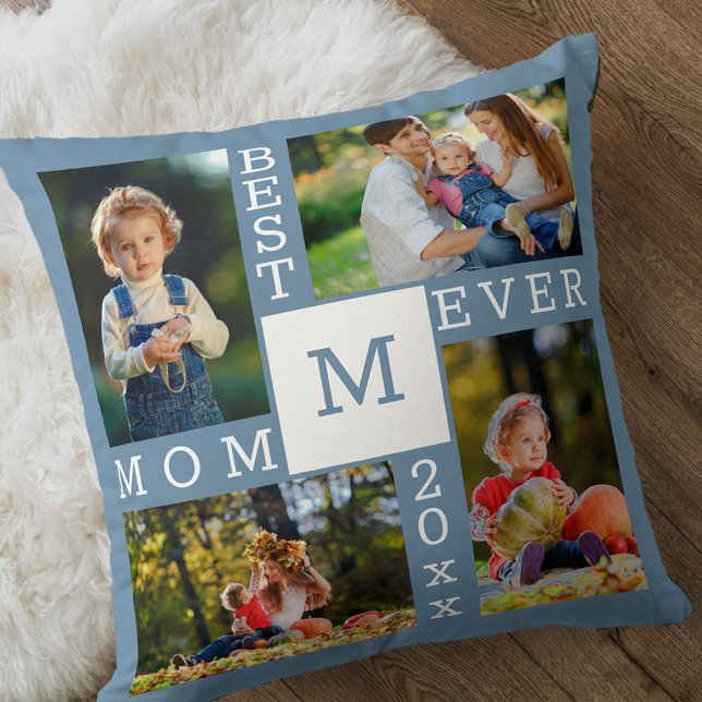 Coussin Meilleure Maman Ever 4 Photo Collage Bleu Blanc Mo (Créateur téléchargé)
