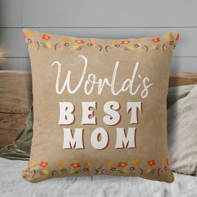 Coussin Meilleure maman Fleurs Floral Rustique Beige du mo (Créateur téléchargé)